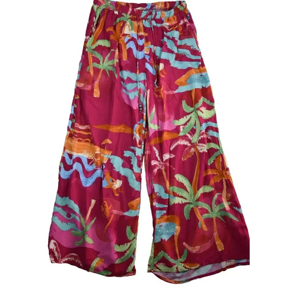 C & C California Flowy Wide Leg Pants Ibiza Palm Trees Large Vacation Resortwear - Picture 1 of 8